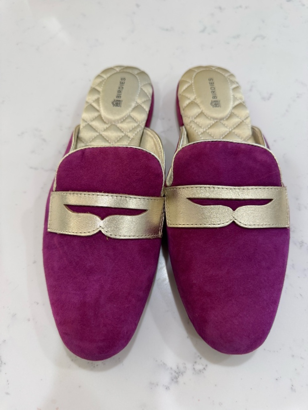 Birdies Phoebe Berry Magenta Suede Gold Slides Slippers Womens Size 7 NWT